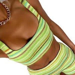 Colorful Striped Knit Crop Top and Shorts Set